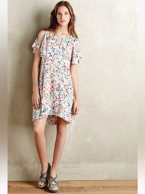 Maeve fluttered watercolor  Dress with Coral, Teal and Navy Dot Print